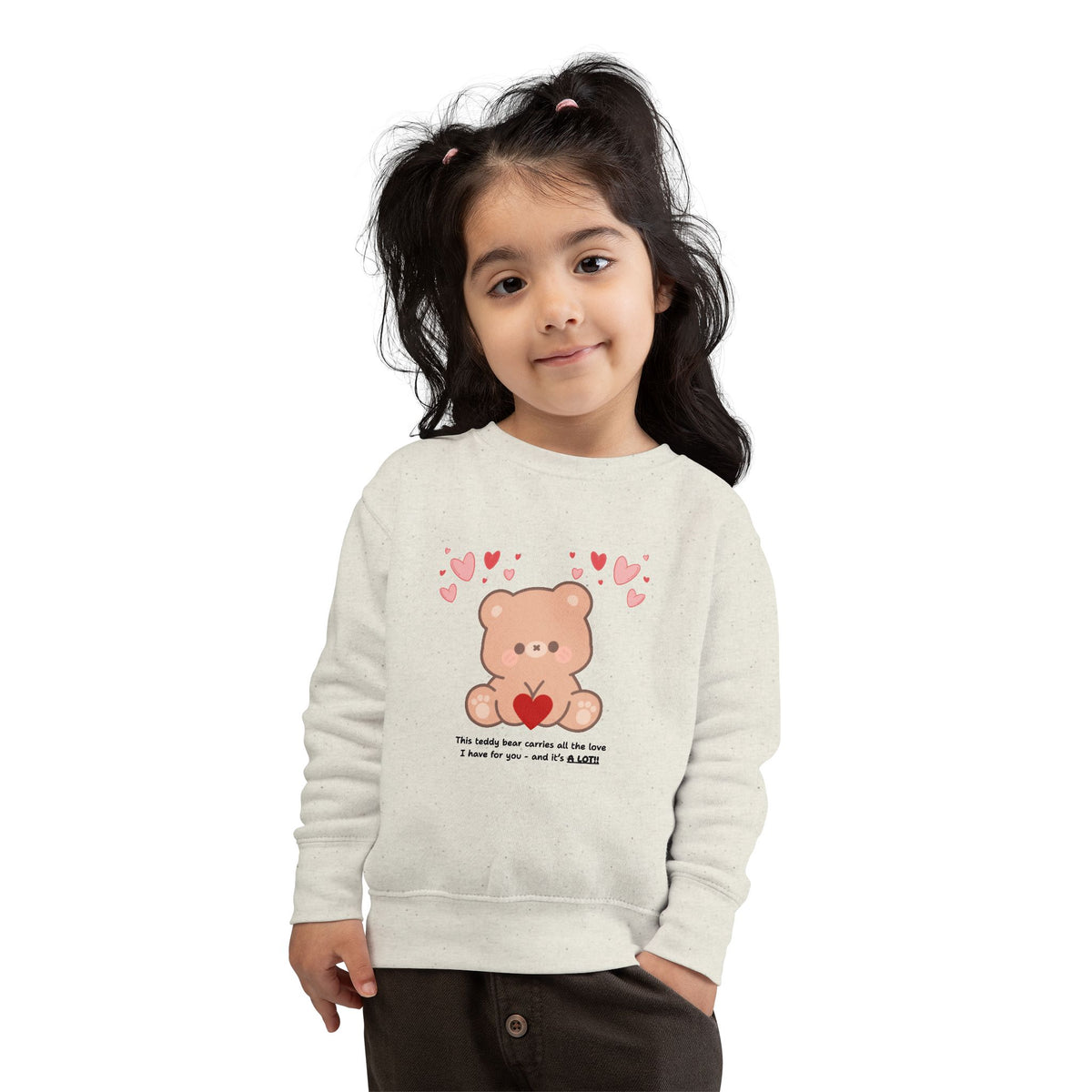 Toddler Sweatshirt — Cute Bear Holding Heart Kids Pullover ("This Teddy Bear Carries All The Love...")