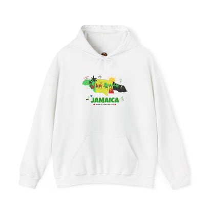 Jamaica Island Graphic Hoodie — Tropical Palm Sunset Design