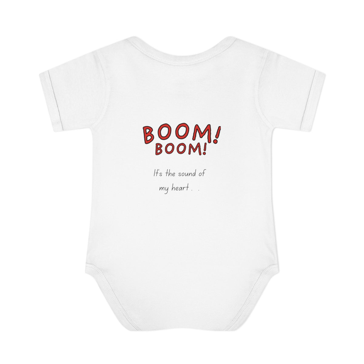 Baby Heart Bodysuit – Red Heart Front & “BOOM! BOOM! He, the sound of my heart” Back