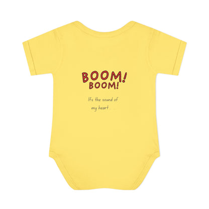 Baby Heart Bodysuit – Red Heart Front & “BOOM! BOOM! He, the sound of my heart” Back